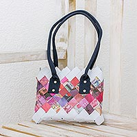 Recycled magazine shoulder bag, 'Modern Bouquet' - Handcrafted Pink Recycled Magazine Paper Shoulder Bag