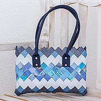Recycled magazine shoulder bag, 'Modern Waves' - Handcrafted Blue Recycled Magazine Paper Shoulder Bag