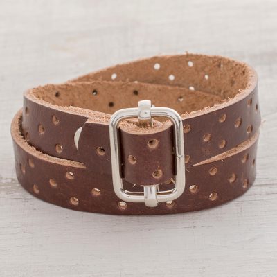 Recycled leather wristband bracelet, Bold Illusion in Mahogany