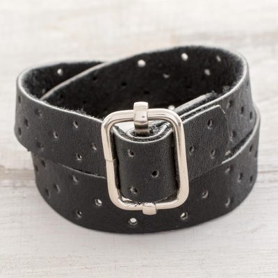 Leather wristband wrap bracelet, Bold Illusion in Black