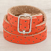 Recycled leather wrap bracelet, 'Bold Illusion in Flame' - Orange Leather Wrap Bracelet from Costa Rica