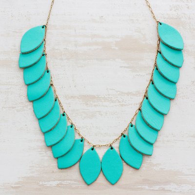 Leather pendant necklace, Festival of Leaves in Aqua