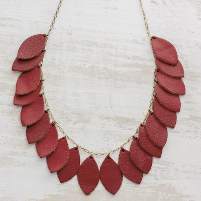 Leather pendant necklace, Festival of Leaves in Red