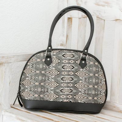 Leather accent cotton bowling handbag, Sand Waves