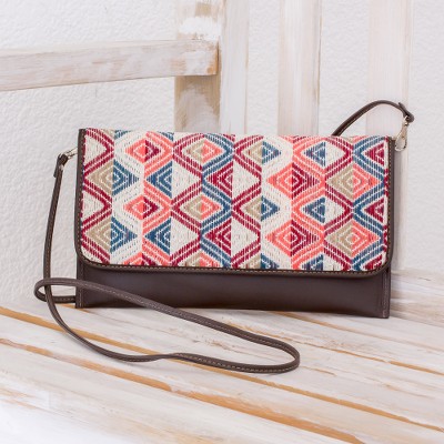 Leather accent cotton clutch handbag, Sunset Peaks