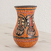 Ceramic decorative vase, 'Beauty in the Breeze' - Orange and Brown Butterfly Chorotega Pottery Decorative Vase