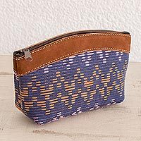 Leather accented cotton cosmetic bag,
