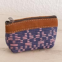 Leather accented cotton coin purse, 'Textured Beauty' - Leather Accent Cotton Coin Purse from Guatemala