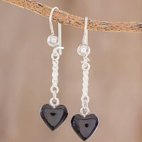 Jade dangle earrings, 'Black Spirals of Love' - Heart-Shaped Black Jade Dangle Earrings from Guatemala