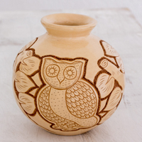 Ceramic decorative vase, 'San Juan Owl in Beige' - Handcrafted Ceramic Decorative Vase from Nicaragua