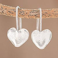 Fine silver drop earrings, 'Fingerprint Hearts' - Heart-Shaped Fine Silver Drop Earrings from Guatemala