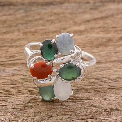 Multi-Colored Jade Ovals in Sterling Silver Cocktail Ring