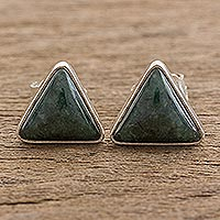 Jade stud earrings, 'Dark Green Triangle of Life' - Trianglular Dark Green Jade Stud Earrings from Guatemala