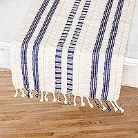 Cotton table runner, 'Splendid Contrast' - Guatemalan Cotton Table Runner in Ivory with Blue Stripes