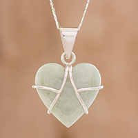 Jade pendant necklace, 'Hopeful Destiny' - Jade and Sterling Silver Heart Pendant Necklace