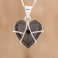 Jade pendant necklace, 'Inspiring Destiny' - Black Jade and Sterling Silver Heart Pendant Necklace