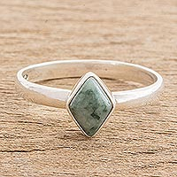 Jade single stone ring, 'Love Rhombus in Green' - Green Rhombus Jade Single Stone Ring from Guatemala