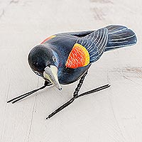 Ceramic figurine, 'Red-Winged Blackbird' - Ceramic Figurine of a Red-Winged Blackbird from Guatemala