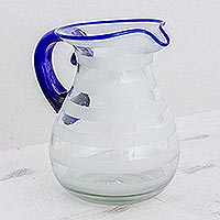 Recycled blown glass pitcher, 'Refreshing' - Hand Blown Recycled Glass Pitcher Frosted Stripe Blue Accent