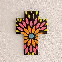Gourd and wood wall cross, 'Flowering Colors' - Floral Design Gourd and Wood Wall Cross from El Salvador