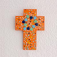 Gourd and wood wall cross, 'Abstract Petals' - Abstract Gourd and Wood Wall Cross from El Salvador