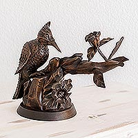 Cedar wood sculpture, 'Industrious Woodpecker' - Hand Carved Cedar Wood Bird Sculpture from Guatemala