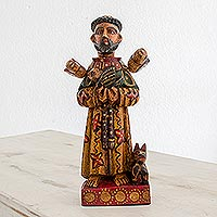 Wood statuette, 'Dedicated Saint' - Hand Painted Pinewood Saint Francis Statuette