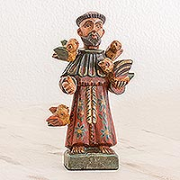 Wood statuette, 'Faithful Servant' - Hand Painted Pinewood Saint Francis Statuette
