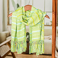Rayon scarf, 'Sweet Morning' - Hand Woven Striped Rayon Wrap Scarf from Guatemala