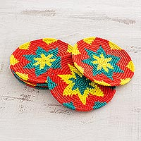 Cotton crocheted coasters, 'Vivid Starburst' (set of 6) - Vivid Colorful Starburst Cotton Crochet Coasters (Set of 6)
