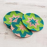 Cotton crocheted coasters, 'Ocean Starburst' (set of 6) - Green and Pink Starburst Cotton Crochet Coasters (Set of 6)