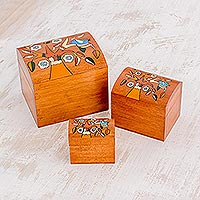 Wood decorative boxes, 'Lively Tree' (set of 3) - Pinewood Decorative Boxes with Bird and Tree Motifs (3)