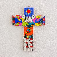 Wood wall cross, 'Sacred Book' - Hand-Painted Pinewood Wall Cross from El Salvador
