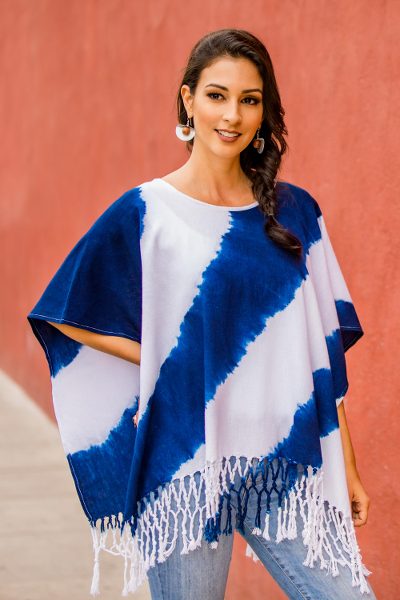 Cotton poncho, 'Daring Indigo' - Natural Indigo and White Stripe Shibori Dyed Cotton Poncho