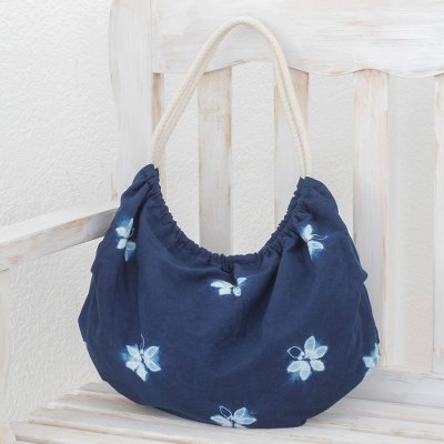 Tie-dyed cotton hobo handbag, Indigo Butterfly World