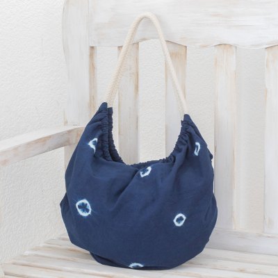 Tie-dyed cotton hobo handbag, Indigo Spots