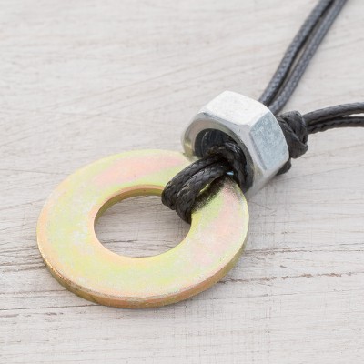 Upcycled metal pendant necklace, Mechanical Symmetry