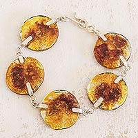 Recycled glass link bracelet, 'Yellow Moon' - Recycled Glass Link Bracelet in Yellow from Costa Rica