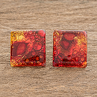 Recycled glass button earrings, 'Eco Fire' - Recycled Glass Button Earrings in Red and Orange