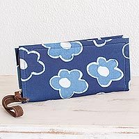 Leather accented batik cotton wristlet,
