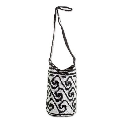 Cotton bucket bag, 'Black and White Waves' - Wave Motif Cotton Bucket Bag in Black and White