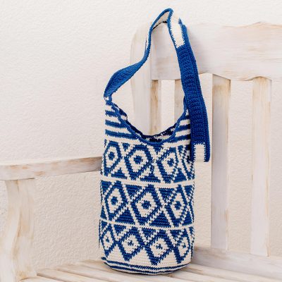 Cotton bucket bag, Indigo and White Rhombi