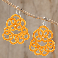 Hand-tatted dangle earrings, 'Elegant Swirls in Marigold' - Hand-Tatted Dangle Earrings in Marigold from Guatemala