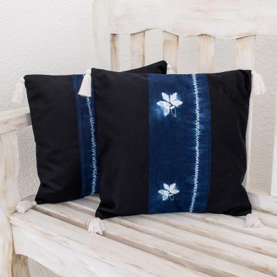 Tie-dyed cotton cushion covers, Indigo Fireflies (pair)