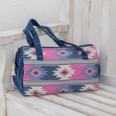 Cotton travel bag, 'Pastel Geometry' - Handwoven Pastel Cotton Travel Bag from Guatemala
