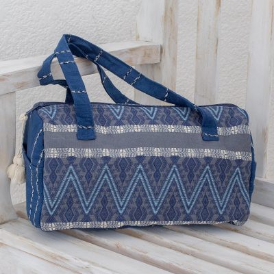 Cotton travel bag, 'Indigo Lakes' - Cotton Travel Bag in Indigo and Smoke from Guatemala