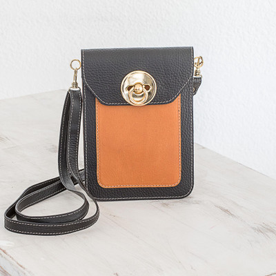 Leather cellphone bag, 'Charming Simplicity in Black' - Leather Cellphone Bag in Black and Ginger from Costa Rica