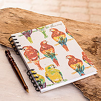 Sugarcane paper journal, 'Parrot Colors' - Signed Parrot-Themed Paper Journal from Costa Rica