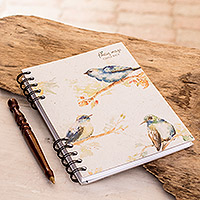 Sugarcane paper journal, 'Indigo Birds' - Signed Bird-Themed Paper Journal from Costa Rica