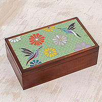 Glass mosaic tea box, 'Multicolored Flight' - Hummingbird-Themed Glass Mosaic Tea Box from Costa Rica